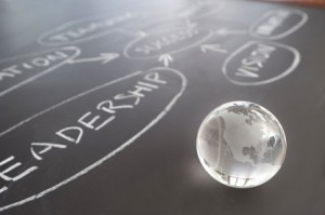 The word leadership written in chalk next to a glass globe